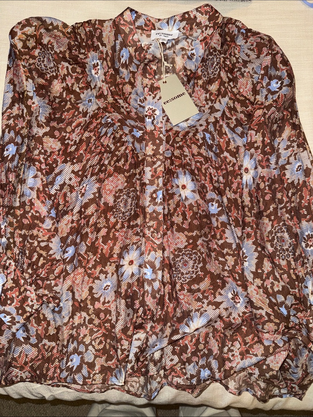 eesome Brown Floral V-Neck Long-Sleeve Blouse with Blue Accents